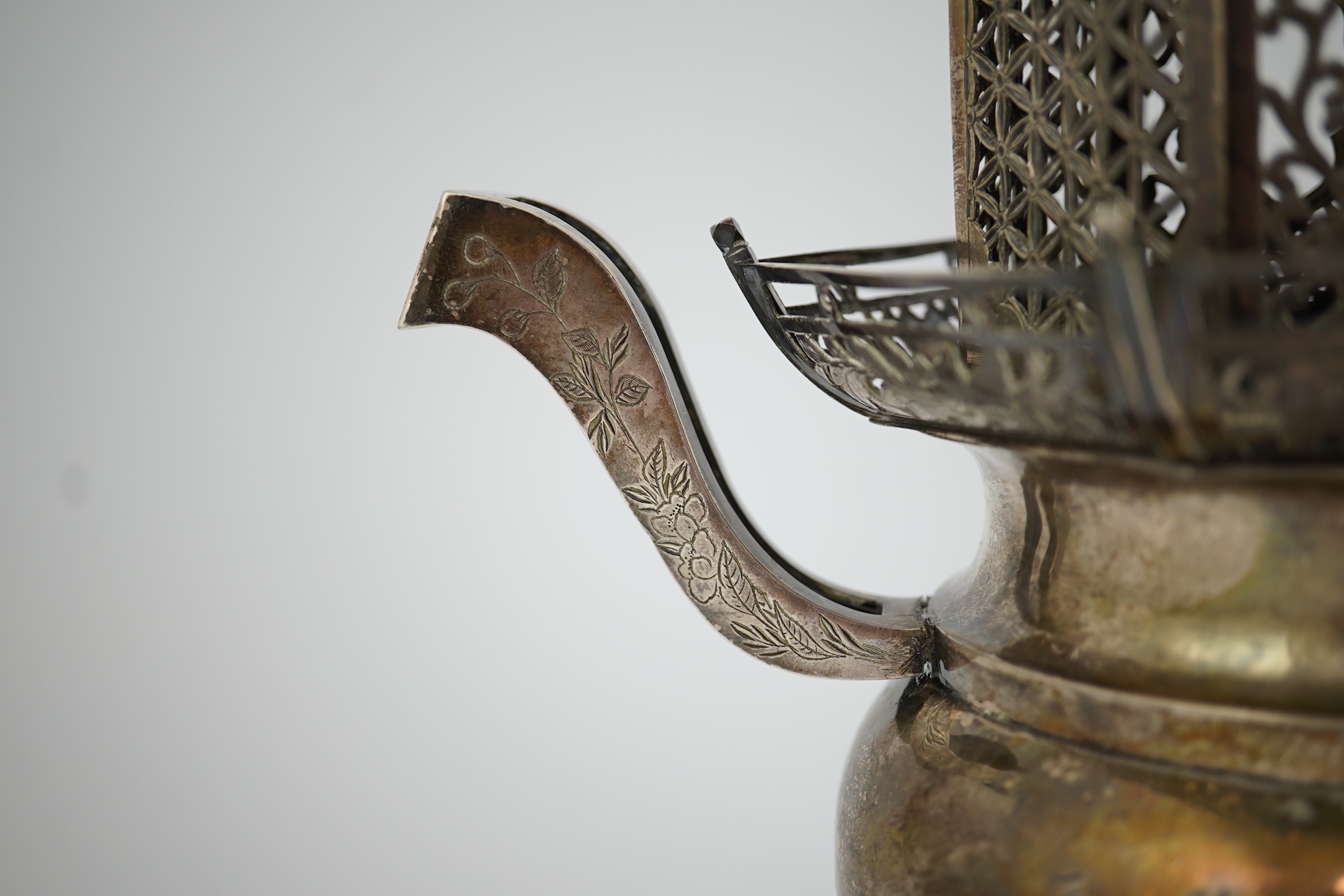 An unusual Chinese silver tripod censer with pagoda shaped cover, ding, early 20th century